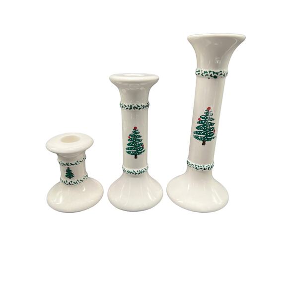 Set of 3 Christmas Spongeware Candlestick Holders Different Sizes Christmas Tree - Picture 1 of 3